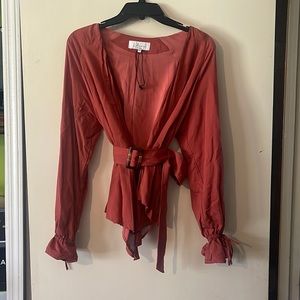 Coral belted wrap top